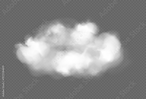 White cloud, fog or smoke isolated on transparent background. Concept of weather, meteorology. Vector realistic illustration