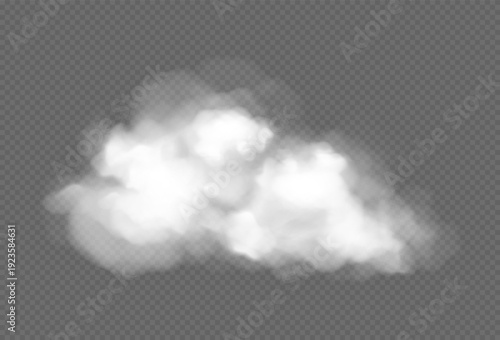 White cloud, fog or smoke isolated on transparent background. Concept of weather, meteorology. Vector realistic illustration