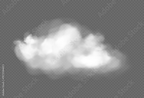 White cloud, fog or smoke isolated on transparent background. Concept of weather, meteorology. Vector realistic illustration