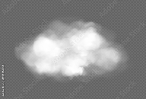 White cloud, fog or smoke isolated on transparent background. Concept of weather, meteorology. Vector realistic illustration
