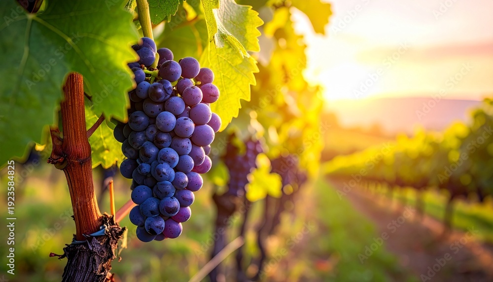 Naklejka premium Ripe Grapes Hanging in Vineyard at Sunset Wine Production Viticulture Agriculture Harvesting Season.