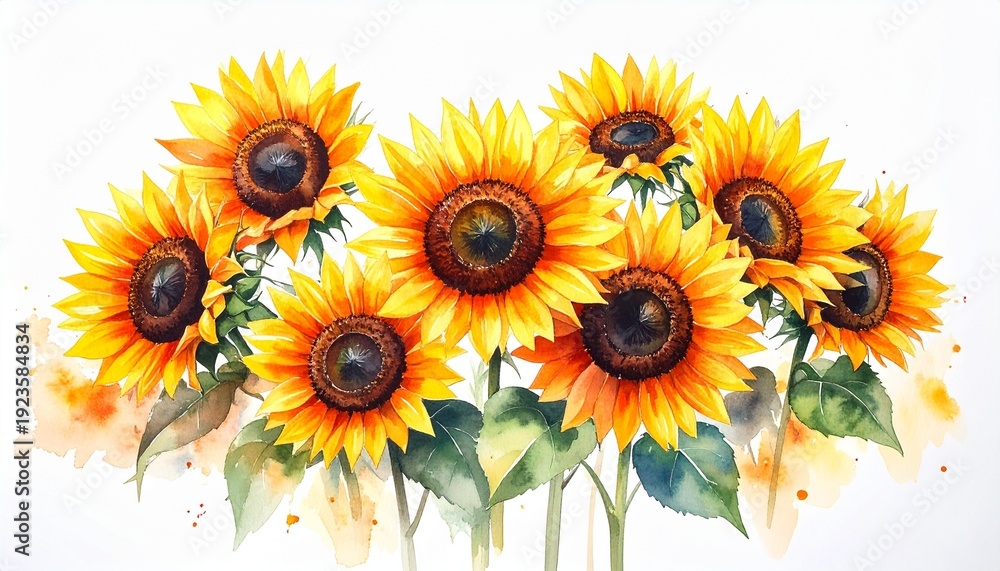 Naklejka premium Vibrant watercolor sunflowers floral illustration with warm tones summertime beauty nature themed artwork.
