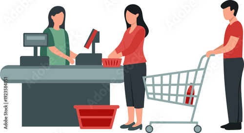 Shoppers Queuing at Supermarket Checkout with Cashier Illustration
