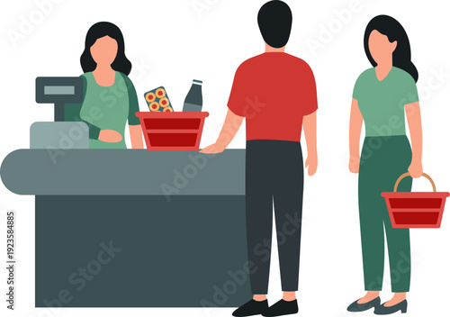 Shoppers Queuing at Supermarket Checkout with Cashier Illustration