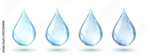 Realistic water drops isolated on white background. Liquid drop, serum, gel or collagen texture. Vector illustration