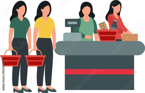 Shoppers Queuing at Supermarket Checkout with Cashier Illustration
