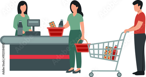 Shoppers Queuing at Supermarket Checkout with Cashier Illustration