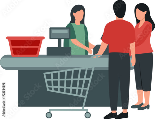 Shoppers Queuing at Supermarket Checkout with Cashier Illustration