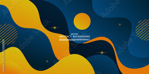 Abstract blue banner with orange fluid wave pattern as horizontal background. Vector Eps10