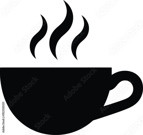 Hot beverage icon, steaming coffee or tea cup silhouette, simple black graphic design element