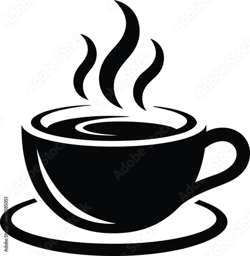 Steaming hot coffee cup icon in black silhouette, beverage symbol for cafe, restaurant or morning drink