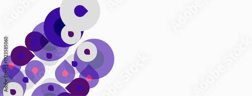 Abstract circles overlap, creating dynamic purple shades. White space dominates right side, offering clean contrast. Modern design.