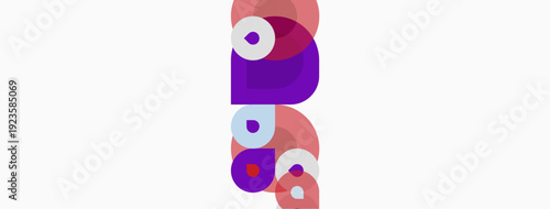 Abstract shapes overlap, creating playful composition. Pink, purple hues dominate white background. Modern design elements present.