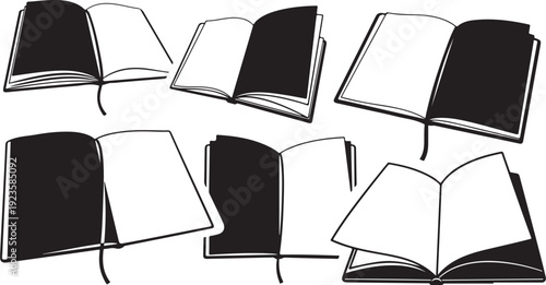 Collection of open and closed books in black white