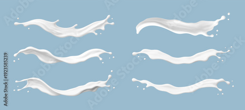 Milk splashes on blue background. Realistic dairy liquid set  Vector illustration
