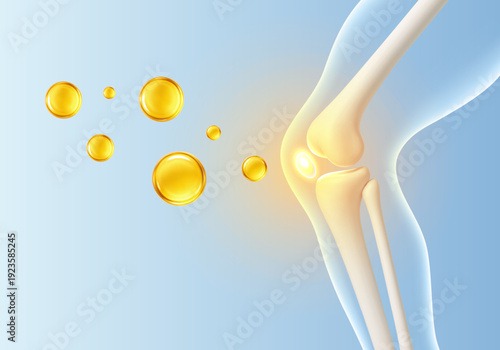 Healthy knee joint of a human leg with vitamins and minerals around it. Vitamin, сollagen, minerals and calcium for healthy bone joint. Vector realistic illustration