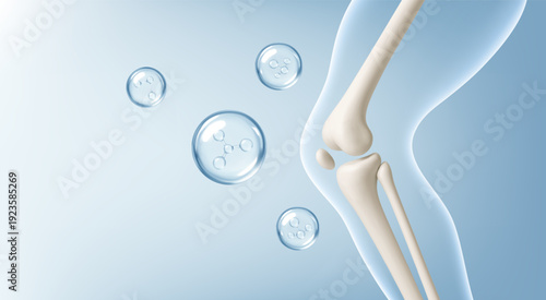 Healthy knee joint of a human leg with vitamins and minerals around it. Vitamin, сollagen, minerals and calcium for healthy bone joint. Vector realistic illustration