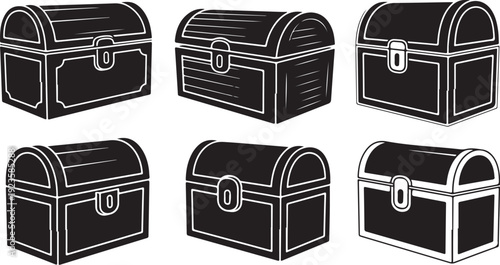 Collection of black treasure chests with white outlines isolated