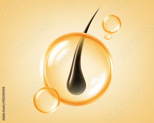 Black hair strand protected inside a golden oil droplet. Vitamin oil hair serum. Realistic vector illustration
