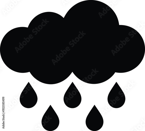 Black silhouette icon of a rain cloud with falling raindrops, simple weather symbol for precipitation and bad weather forecast