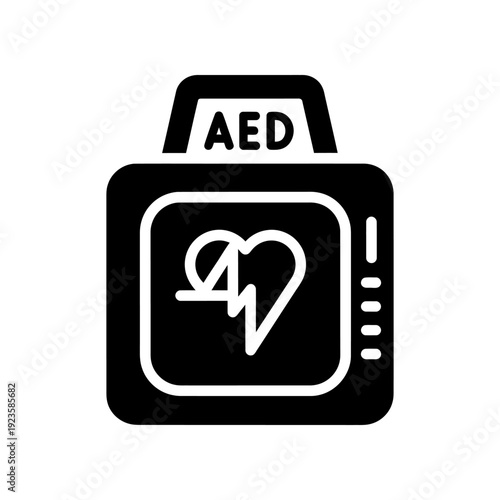 High-contrast, minimalist AED icon with a heartbeat symbol displayed on a sleek black device, ideal for medical, safety, and emergency preparedness content.