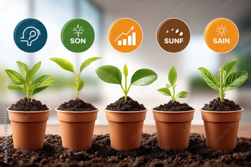 Naklejka premium Illustration of smart farm technology with plant growth icons and soil beds