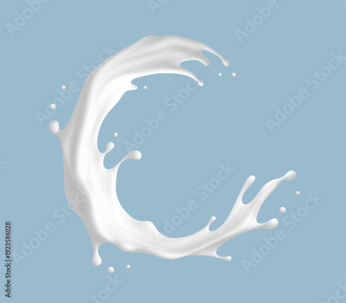 Realistic milk splash on blue background. Vector dairy concept