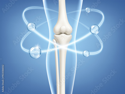 Healthy knee joint with collagen and vitamin molecules. Bone and cartilage support concept. Realistic medical vector illustration
