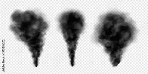 Realistic set of black smoke isolated on transparent background. Black smoke clouds, dirty toxic fog or smog. Vector illustration