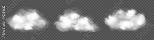White clouds, fog or smoke isolated on transparent background. Concept of weather, meteorology. Vector realistic illustration