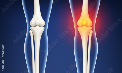 Healthy and painful knee joint comparison. Vector realistic illustration