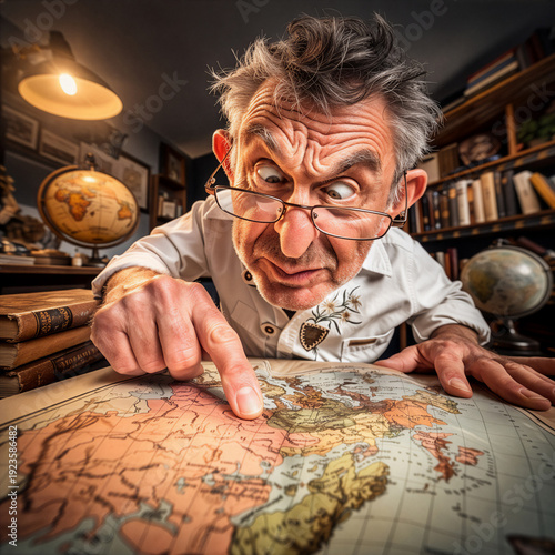 Exzentrischer Geografie-Professor studiert Weltkarte im Arbeitszimmer – humorvolle Nahaufnahme mit Weitwinkel-Perspektive