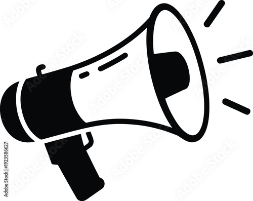 Black and white icon of a megaphone or bullhorn, symbolizing announcement, sound, communication, or marketing