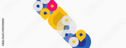 Colorful abstract design features overlapping circles forming letters. Bright hues create playful, modern aesthetic. Simple composition.