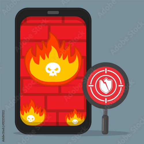 Smartphone under cyber attack with firewall flames and skull icon, symbolizing malware infection, mobile security breach and critical digital threat.