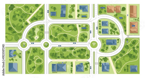 Aerial view of a planned community with roundabouts and green spaces.