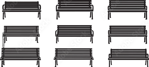 Multiple black benches in a row on white background