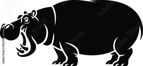 Black silhouette of a hippopotamus with mouth open, stylized vector graphic of a hippo
