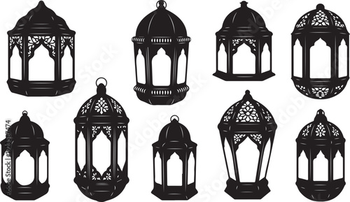 Collection of black lanterns with intricate designs and patterns