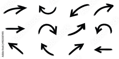 A set of black hand drawn arrows on white background for design and direction  indicating movement and navigation