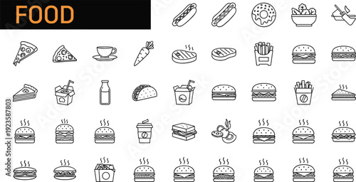 Black and White Food Icon Set Featuring Pizza, Burgers, Sandwiches, Coffee, Fries, Tacos, Donuts, and Classic Culinary Line Art