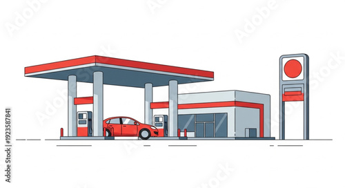 Gas Station with Red Car.