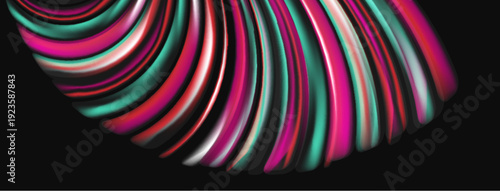 Abstract colorful waves form curved shape. Pink, teal, black hues blend smoothly. Modern digital illustration.