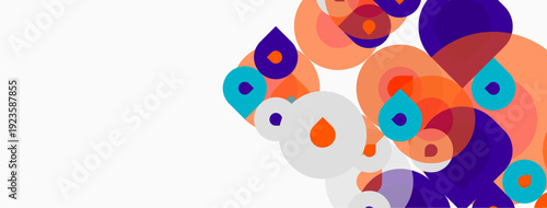 Abstract colorful overlapping circles create dynamic composition. White space dominates background, offering clean aesthetic.