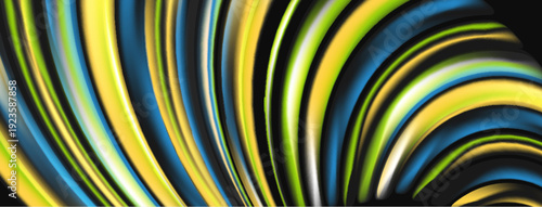Abstract flowing lines, vibrant colors, dynamic composition. Yellow, blue, green hues create modern visual impact. Smooth gradients suggest movement.