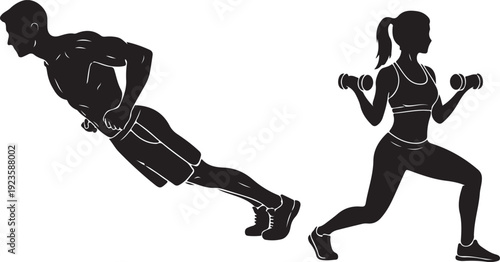 Pair of fitness workout silhouettes performing exercises, isolated on white
