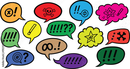 Dynamic assortment of vibrant communication bubbles filled with expressive graphic symbols and abstract markers, illustrating diverse forms of non-verbal exclamation and dialogue representation