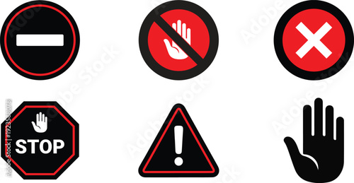 Comprehensive vector collection of warning, prohibition, and safety signs, featuring stop symbols, restricted access icons, and essential hazard alerts for various applications and instructional needs