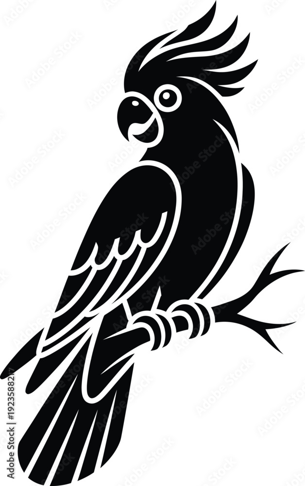 Fototapeta premium Black silhouette of a cockatoo bird perched on a branch, stylized vector illustration