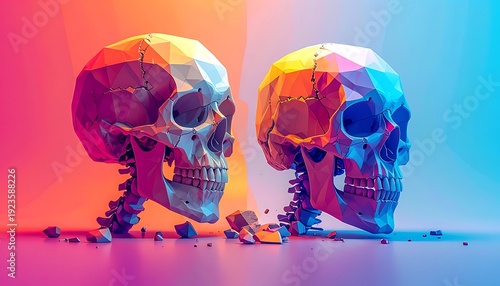 Two polygonal skulls displayed against neon color gradient backdrop, fragments scattered